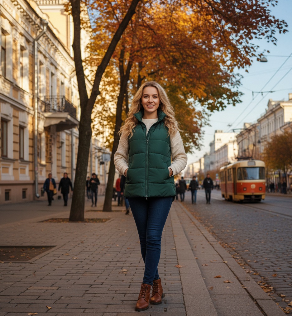 Девушка в зеленом жилете Сириус в осеннем городе